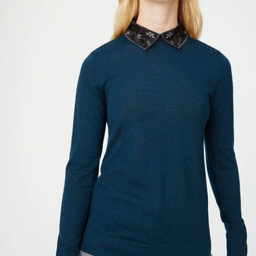Club Monaco teal 💯 merino embellished collar sz xs